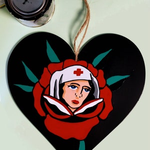 Traditional Tattoo Rose Of No Man’s Land Wooden Heart Wall Hanging