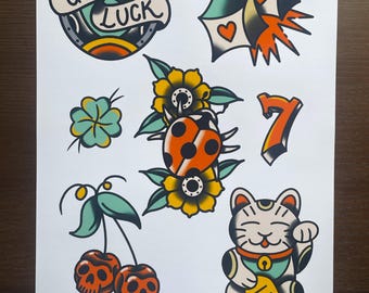 Hoja de tatuaje tradicional de buena suerte, impresión digital A3