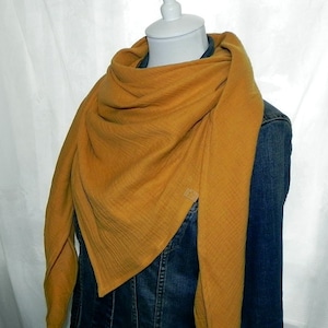 Muslin triangular scarf in mustard yellow ochre single layer scarf