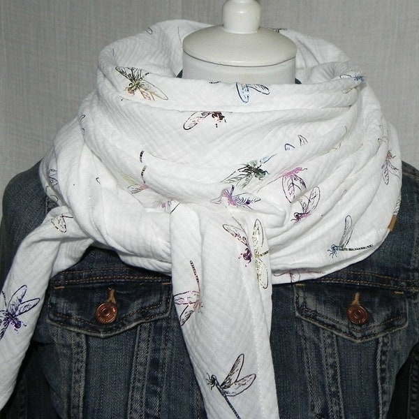 Muslin Triangle Scarf White Glitter Dragonflies XL Summer