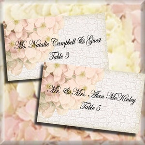 Pink Hydrangea Flat o Tented Place Cards Plantilla editable