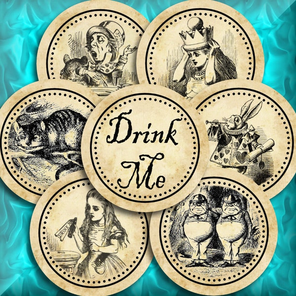 Drink Me Alice in Wonderland Wedding Cupcake Toppers Circle Favor Tags Printable Instant Download Digital Collage