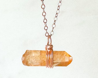 Tangerine quartz crystal necklace gift Raw crystal necklace wire wrapped crystal 14k rose gold Reiki charged crystal necklace dainty