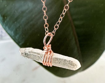 Lemurian seed crystal necklace gift Raw crystal necklace wire wrapped crystal 14k rose gold Reiki charged crystal dainty necklace