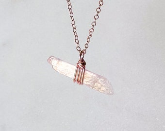 Kunzite crystal necklace Raw crystal  necklace pink crystal necklace wire wrapped crystal 14k rose gold reiki crystal necklace