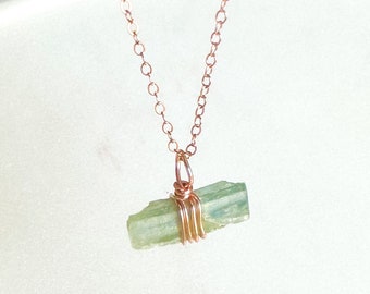 green Kyanite crystal necklace - wire wrapped on 16" 14k rose gold chain