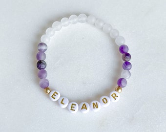 Custom name bracelet - Amethyst name or mantra bracelet - February birthstone bracelet - Amethyst and white jade crystal bracelet