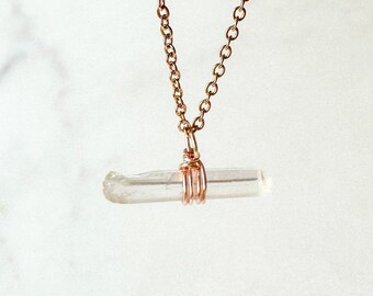 Clear quartz crystal necklace raw stone wire wrapped on 16" rose gold plated chain