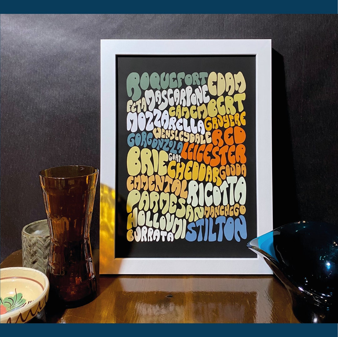 Cheeses Typography, 70's Style Typography, Types of Cheese Poster, Food ...