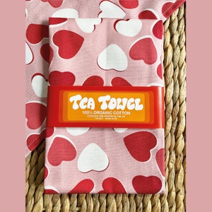 Foam Hearts Tea Towel. Pick and Mix. British Sweets. 100% Organic Cotton Tea Towel