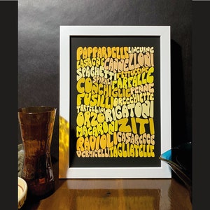 Pasta shapes typography. Types of pasta shapes print, 70&#39;s style typography, Types Of Pasta Poster, Food Print.