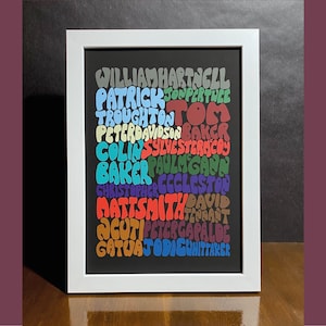 Doctor who typography. List of all the main doctor actors. Outfit colours. 70&#39;s style typography, Dr Who Poster.
