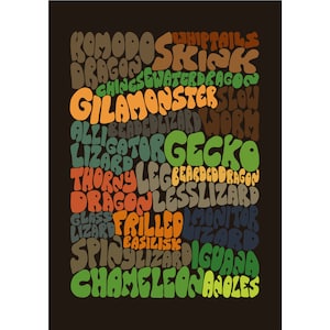 Tipografía de lagarto. Tipografía estilo años 70, cartel de lagarto.