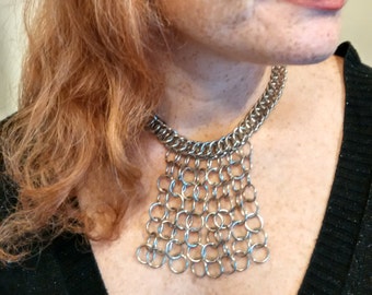 Half Persian chainmaille necklace, Silver drop necklace, Metal chainmail necklace, Fantasy style, Medieval boho necklace, Unique design
