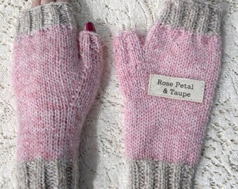 10% Angora Hand-Knit Soft Fingerless Gloves, One-of-a-Kind "Rose Petal & Taupe"