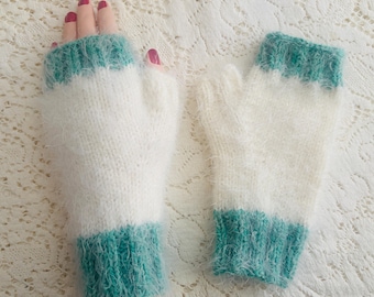 Faux Angora Hand-Knit Soft Fingerless Gloves, One-of-a-Kind "Frosted Sea Glass"