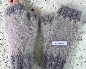 Faux Angora Hand-Knit Soft Fingerless Gloves, One-of-a-Kind "Dusty Rose"