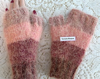 Faux Angora Hand-Knit Soft Fingerless Gloves, One-of-a-Kind "Tomato Bisque"