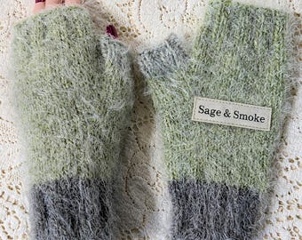 Faux Angora Hand-Knit Soft Fingerless Gloves, One-of-a-Kind "Sage & Smoke"