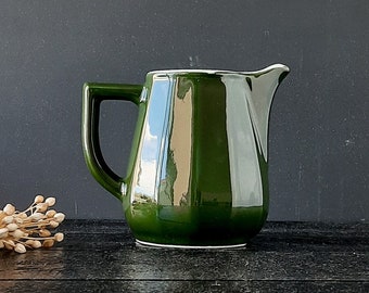 Extra Large Bistro Ware Tall Dark Green Coffee Pitcher 1.130 Liter,  French Vintage Ceramic Green Jug