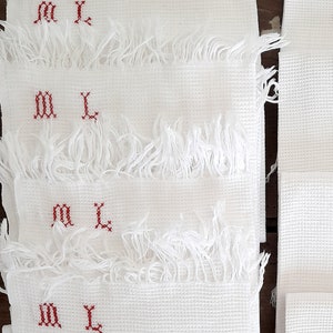 Antique French Fringed Hand Towel Red Monogram, Antique Guest Towel, Cloakroom Towel Red Cross Stitch Monograms, Large Towel with Fringes image 1