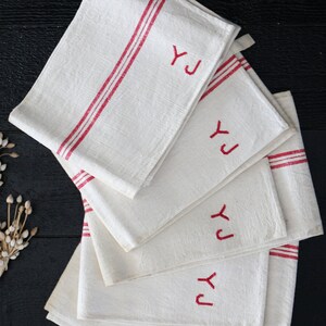 5 Antique French Red Striped Towels Linen and Hemp Unused Large Kitchen Tea Towels