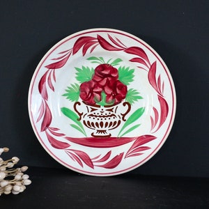 Plato Digoin Sarreguemines con rayas rojas, estilo moderno de mediados de siglo, vintage, de barro francés vintage, para cocina retro.