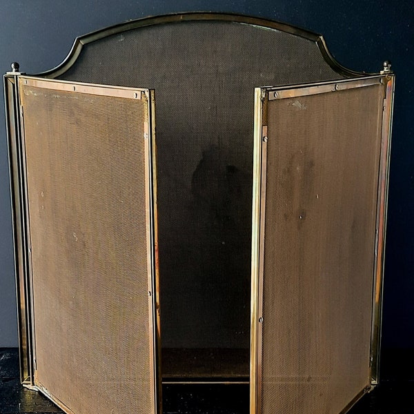 Large Neoclassical Style Fire Screen Brass and 3 Panels Mesh
