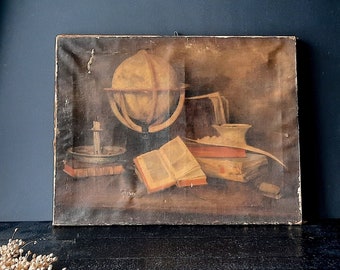 Still Life with a Map of the World, Books and Candlestick Painting