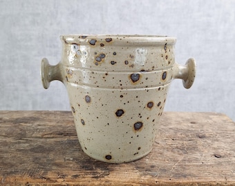 Cubitera de gres francés vintage, maceta rústica de cerámica moteada con asas, maceta estilo Wabi Sabi, pieza de decoración de estilo rústico.