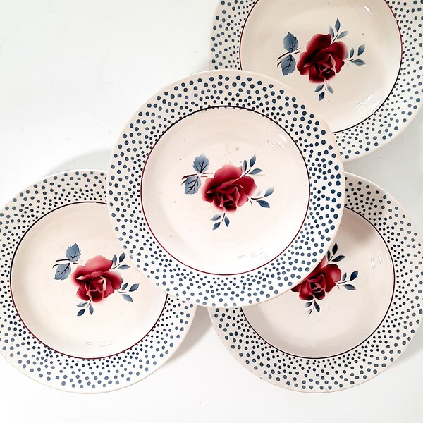 4 Digoin Sarreguemines Plates, RENE, Red Rose Soup Plates, Mid Century Modern Bowl Plates,French Bowl Plate Ceramic,Polka Dots  China Plates