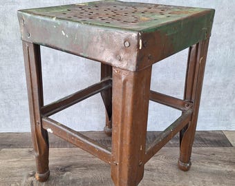 Antique French Industrial Stool, Rustic Metal Workshop Seat with Green Patina, 1940s Loft and Wabi Sabi Decor