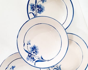 Set of 4 Soup Bowl Plates GIEN China Alberic, Mid Century Modern Bowl Plate, Ceramic Blue Floral Plates