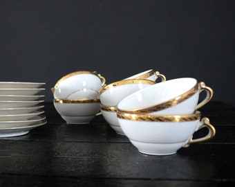 Ensemble de 8 tasses et soucoupes à café Art Déco en porcelaine blanche avec bordure et anse dorées Tasse à café et soucoupe en porcelaine de Limoges