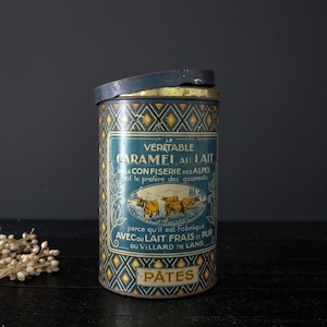 Large Antique French Tole Storage Tin Box with Lid labelled for Milk Caramel, Tin Container, Kitchen Storage Tin Decorative Box