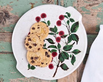 ヴィンテージ サルグミーヌ チェリー サービングプラッター、ハンドル付きフランス製ファイアンス タルトプレート、アンティーク ケーキプレート、フレンチカントリーキッチン装飾