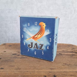 ヴィンテージJAZ目覚まし時計ボックス、1951年フランス広告用段ボール箱、空の時計パッケージ、コレクターズアイテムの装飾品