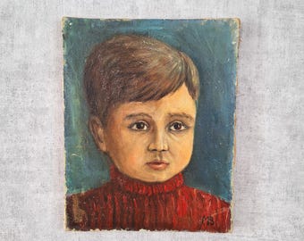 Vintage Oil Portrait Child Painting, Boy in Red Sweater Art, French 1950s Canvas on Board, Dark Academia Wall Decor, Signed MB Artwork