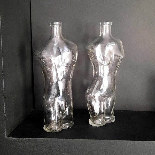 Pair of Vintage Collectible KEFLA Depose Nude Figural Man and Woman Glass Bottles, Decanter Bottle, Liquor Bottle Set,