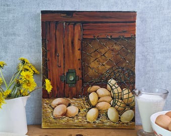 Original Oil Painting on Canvas, Rustic Still Life with Eggs, Vintage French Farmhouse Wall Art, Signed Country Kitchen Decor