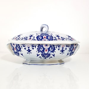 Large French Vintage Tureen with Lid, SALINS Rouen France, Lidded French Soupiere Ceramic White Blue, Large Serving Bowl, Pottery Soup Bowl image 1