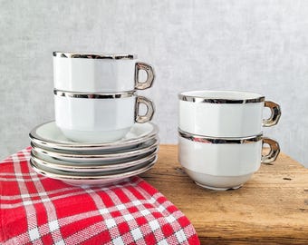 Tazza e piattino da bistrot Pillivuyt, tazza da caffè in porcellana francese, tazza da cappuccino con bordo bianco e argento, stoviglie vintage da caffè, set di tazze pesanti