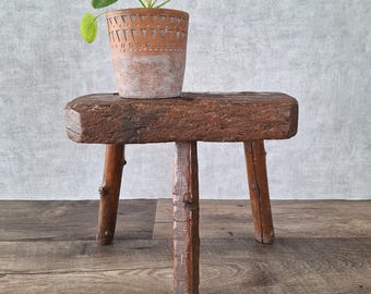 Vintage French Brutalist Wooden Stool, Primitive Rustic Low Bench, Wabi Sabi Wood Stool, Farmhouse Decor, Folk Art Tripod Stool