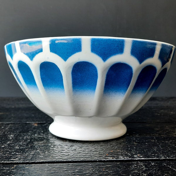 Large French Vintage Café au Lait Bowl Blue and White Digoin Sarreguemines, French Breakfast Bowl Vintage