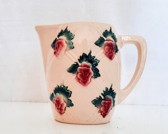 Pink Majolica Pitcher from Sarreguemines French Ceramic Water Jug with Flowers Gifts for Her