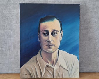 Original Male Portrait Oil Painting, Signed R Martin 1987, French Figurative Art, Dark Academia Wall Decor, Vintage Canvas