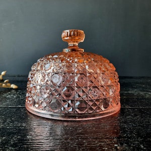 Portieux Dome Pink Depression Glass, Crystal Cheese Cover, French Antique Glass Pink Bell Vintage