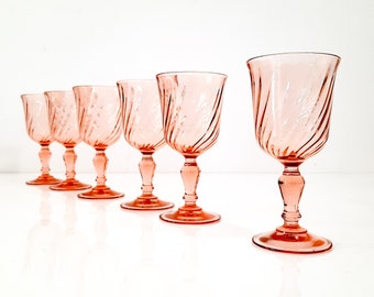 Sey of 6 Wine Glass Rosaline Pink Swirl Optic by CRISTAL D'ARQUES-DURAND, Pink Depression Glass White Wine Rosaline Pink Swirl Glass