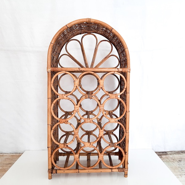 Large Mid Century Bamboo Wine Rack 12 Bottles with Shelf and Floral Patter, 1970s, Wicker Rattan Wine Bottle Rack