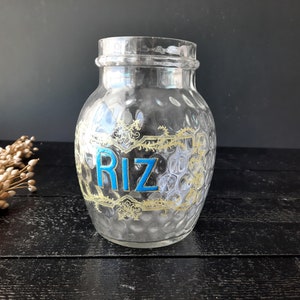 Large French Art Nouveau Molded Glass Jar 1900s RIZ, Embossed Glass Spice Jar Vintage Grocery Store Decor